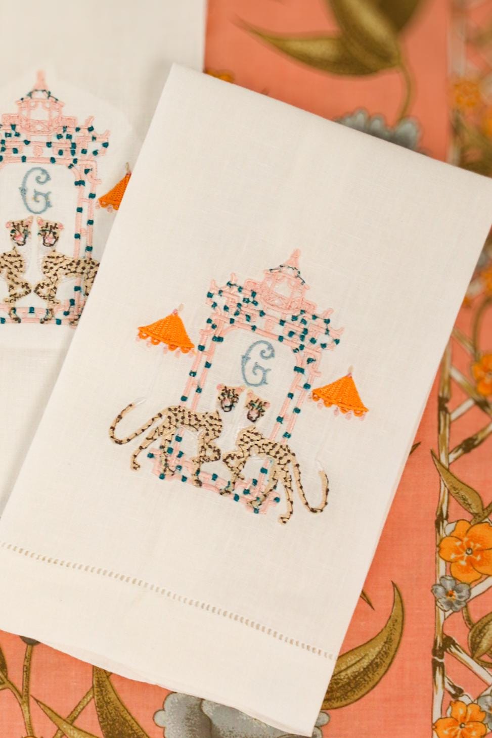 Cheetah Pagoda Embroidered Linen Hand Towel | Custom Embroidery | Gifts for Her | Gifts for Home | Grandmillenial Gifts | Hostess Gifts