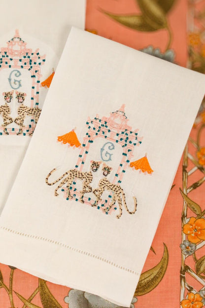 Cheetah Pagoda Embroidered Linen Hand Towel | Custom Embroidery | Gifts for Her | Gifts for Home | Grandmillenial Gifts | Hostess Gifts