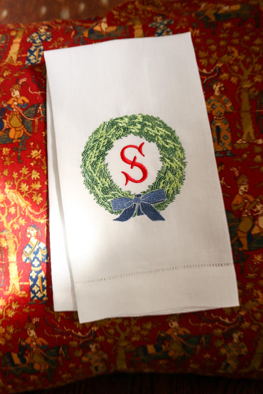 Christmas Wreath Embroidered Linen Hand Towel | Christmas Embroidery | Hostess Gifts