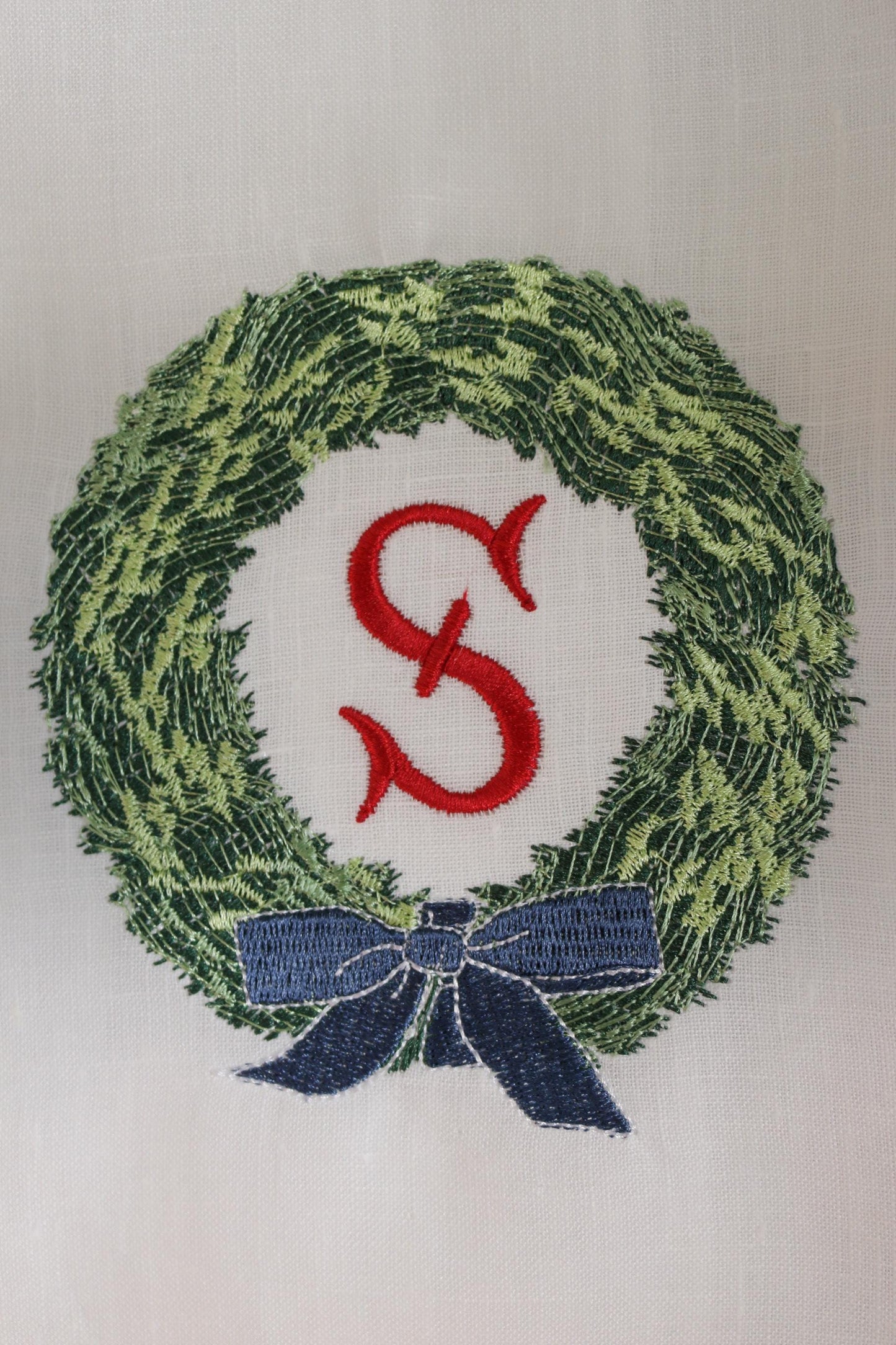 Christmas Wreath Embroidered Linen Hand Towel | Christmas Embroidery | Hostess Gifts