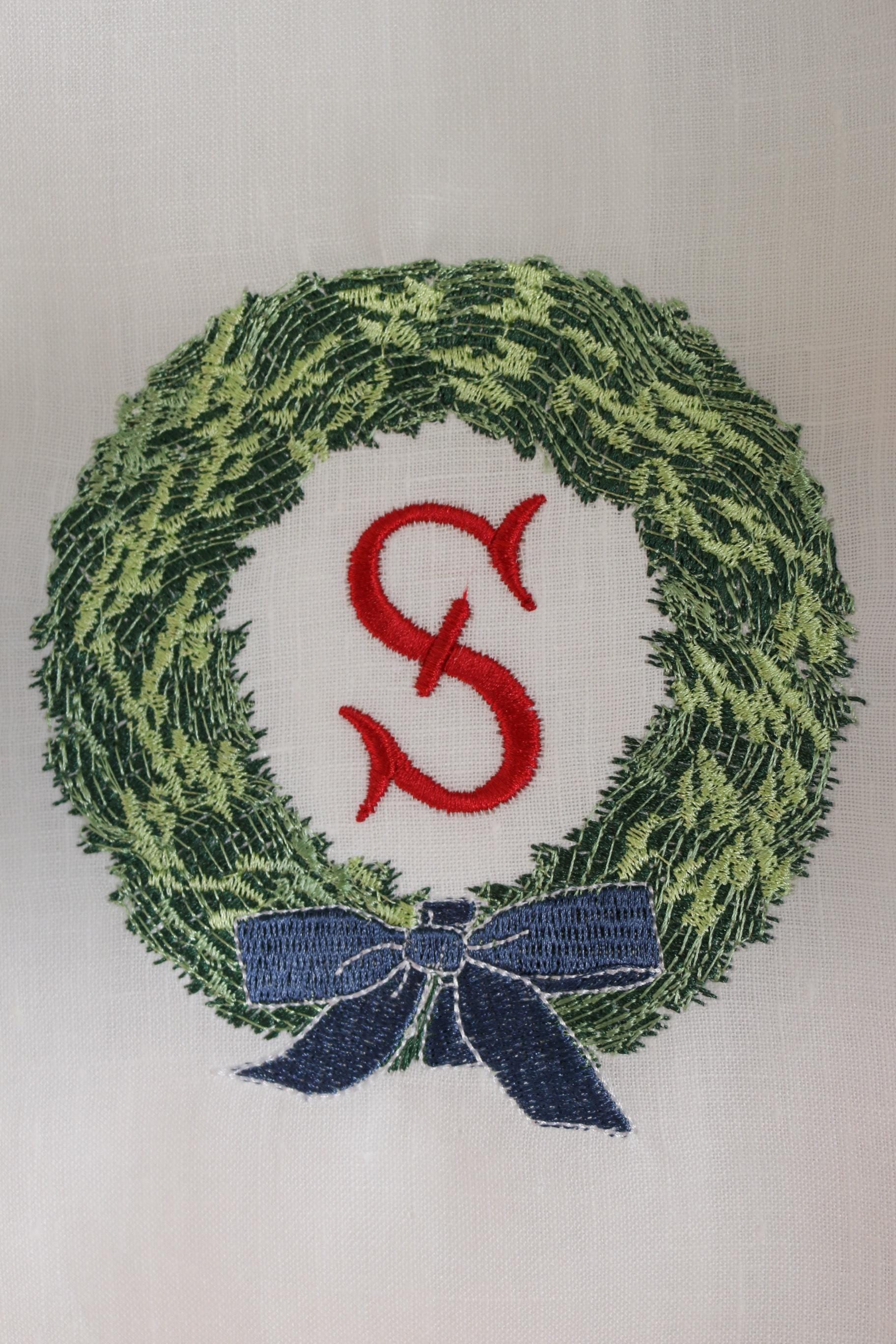 Christmas Wreath Embroidered Linen Hand Towel | Christmas Embroidery | Hostess Gifts