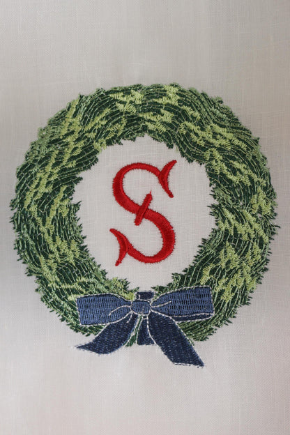 Christmas Wreath Embroidered Linen Hand Towel | Christmas Embroidery | Hostess Gifts