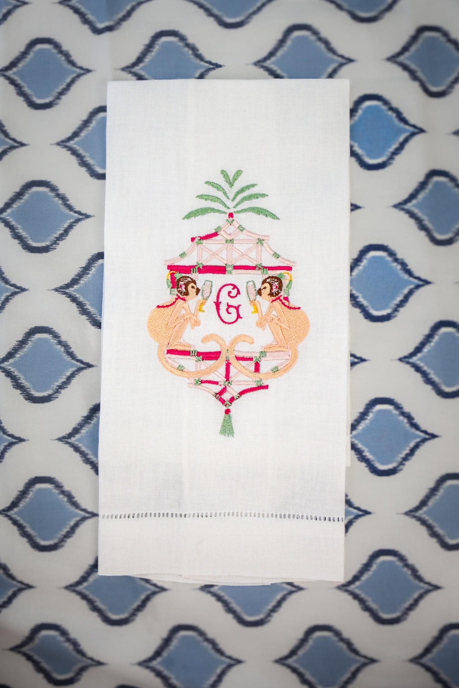 Embroidered Linen Hand Towel | Double Monkey Pagoda with Custom Monogram | Gifts for Her | Hostess Gifts | European Linen