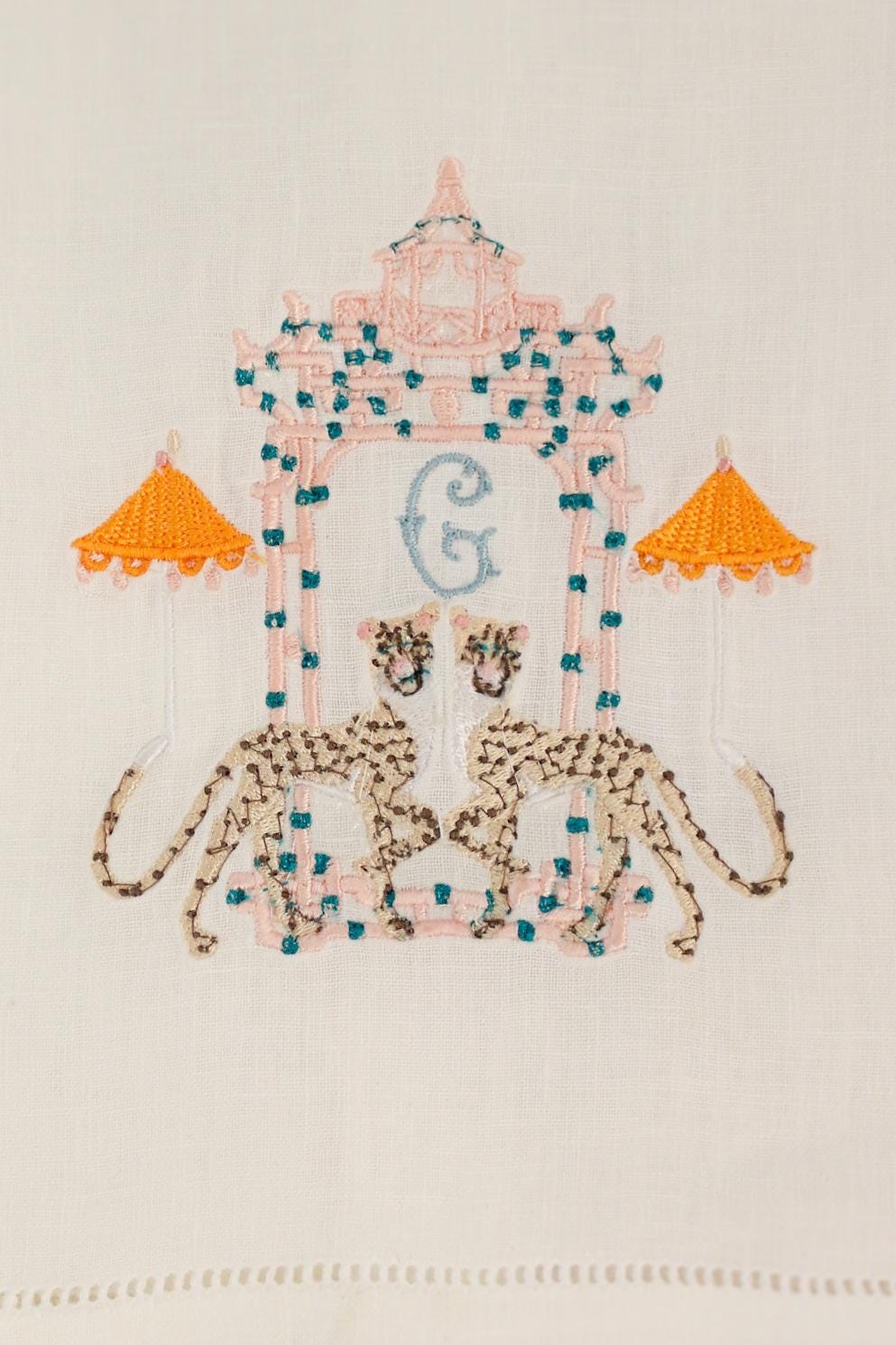 Cheetah Pagoda Embroidered Linen Hand Towel | Custom Embroidery | Gifts for Her | Gifts for Home | Grandmillenial Gifts | Hostess Gifts
