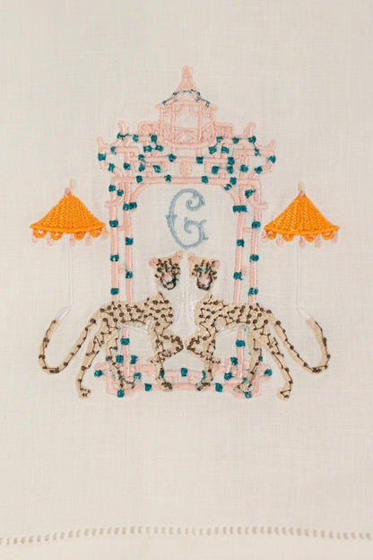 Cheetah Pagoda Embroidered Linen Hand Towel | Custom Embroidery | Gifts for Her | Gifts for Home | Grandmillenial Gifts | Hostess Gifts
