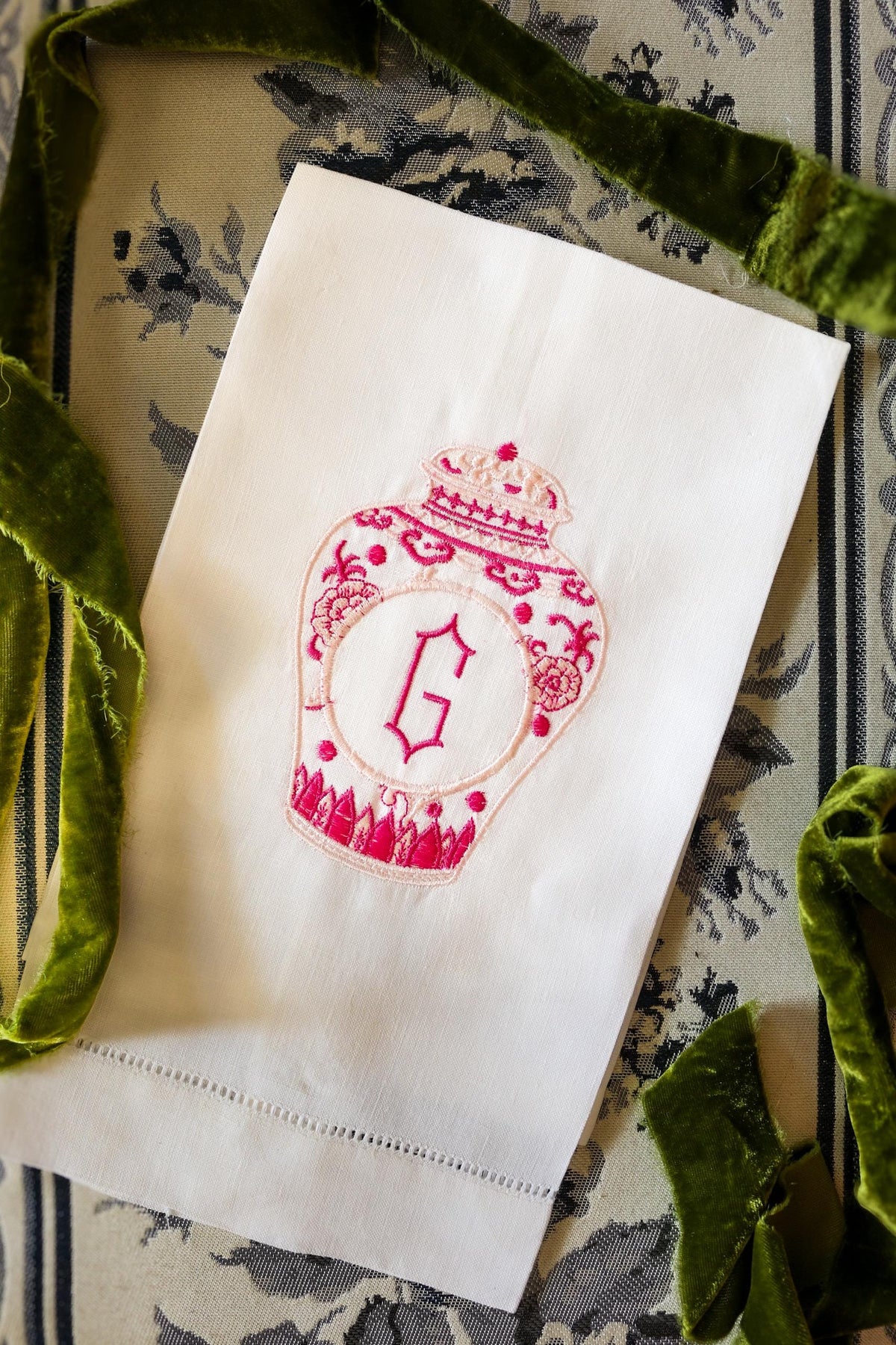 Embroidered Linen Hand Towel: Chinoiserie Ginger Jar | Hostess Gifts | Gifts for Her