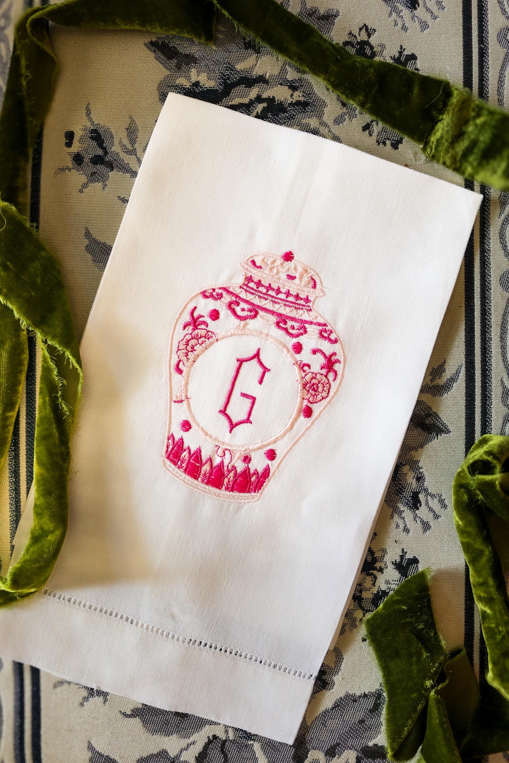 Embroidered Linen Hand Towel: Chinoiserie Ginger Jar | Hostess Gifts | Gifts for Her