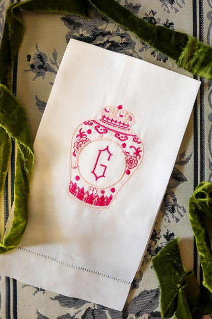 Embroidered Linen Hand Towel: Chinoiserie Ginger Jar | Hostess Gifts | Gifts for Her
