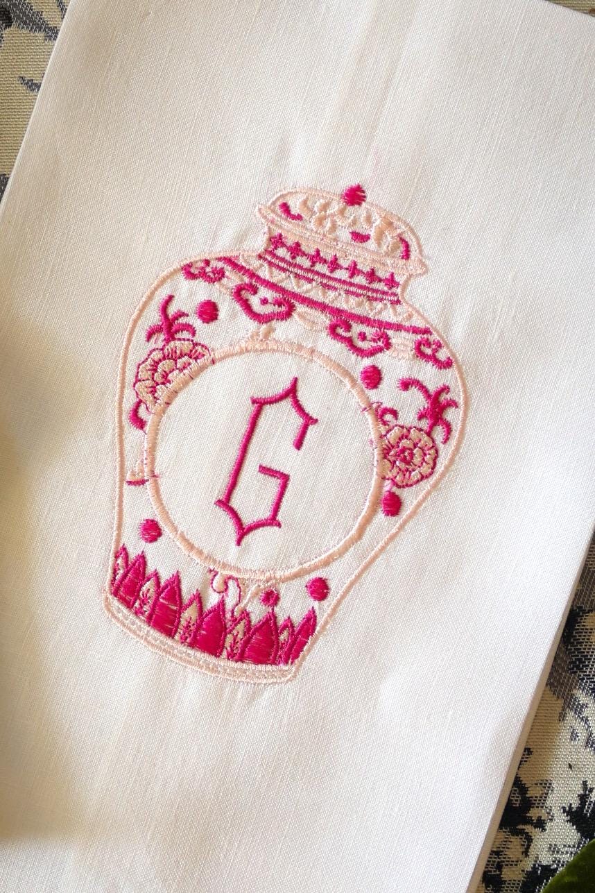 Embroidered Linen Hand Towel: Chinoiserie Ginger Jar | Hostess Gifts | Gifts for Her