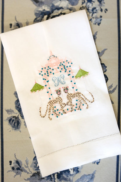 Cheetah Pagoda Embroidered Linen Hand Towel | Custom Embroidery | Gifts for Her | Gifts for Home | Grandmillenial Gifts | Hostess Gifts