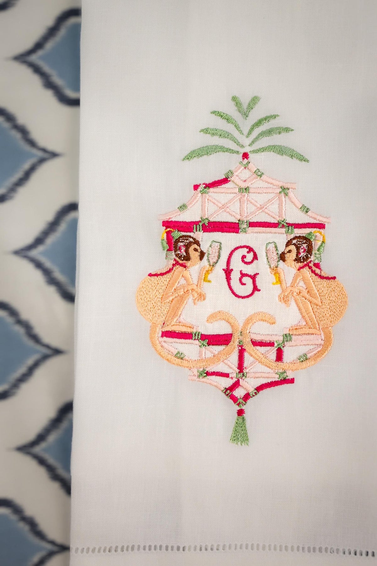 Embroidered Linen Hand Towel | Double Monkey Pagoda with Custom Monogram | Gifts for Her | Hostess Gifts | European Linen