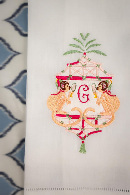 Embroidered Linen Hand Towel | Double Monkey Pagoda with Custom Monogram | Gifts for Her | Hostess Gifts | European Linen