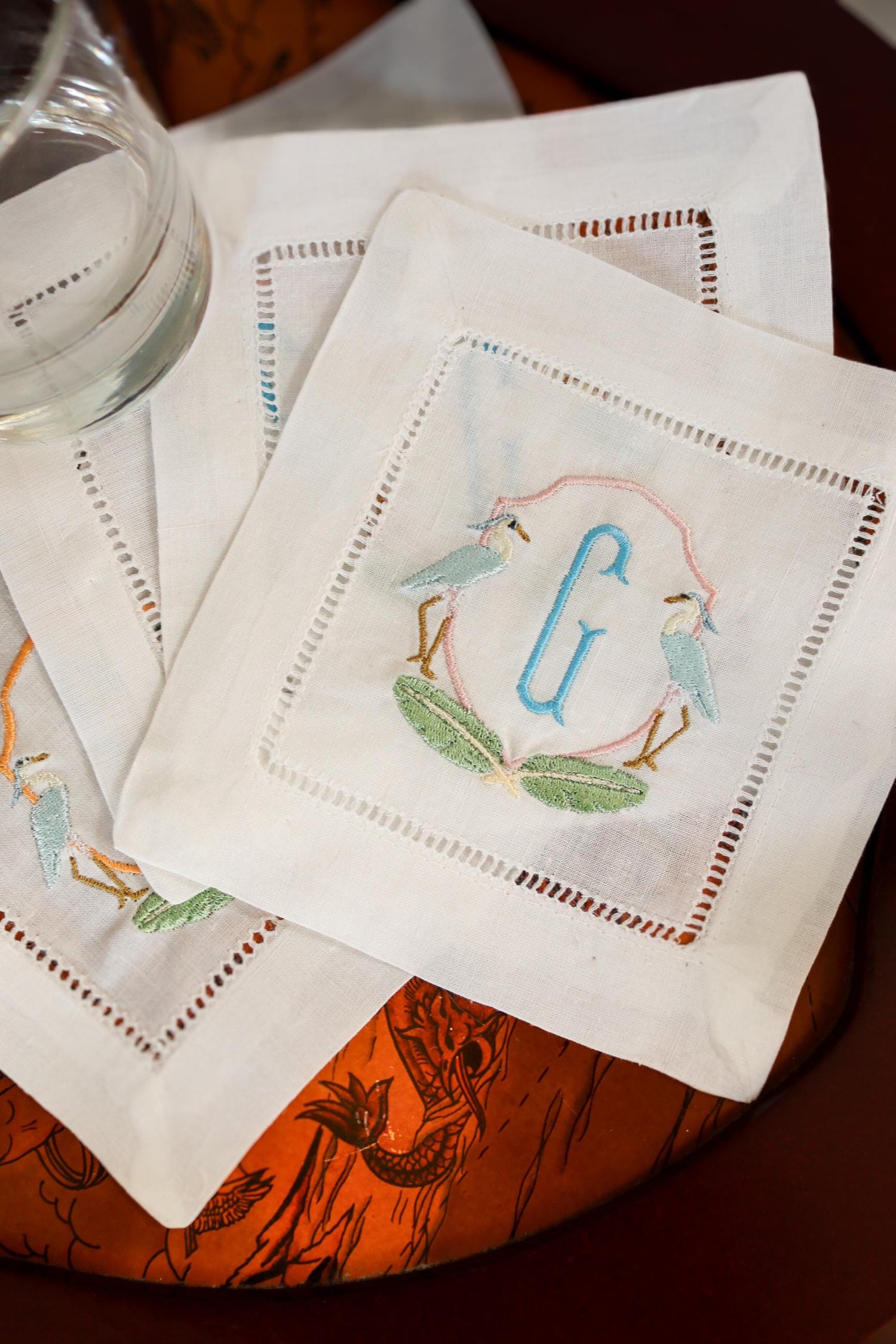 Heron Embroidered Hemstitch Cocktail Napkins | Hostess Gifts | Gifts for Home | Grandmillenial Gifts