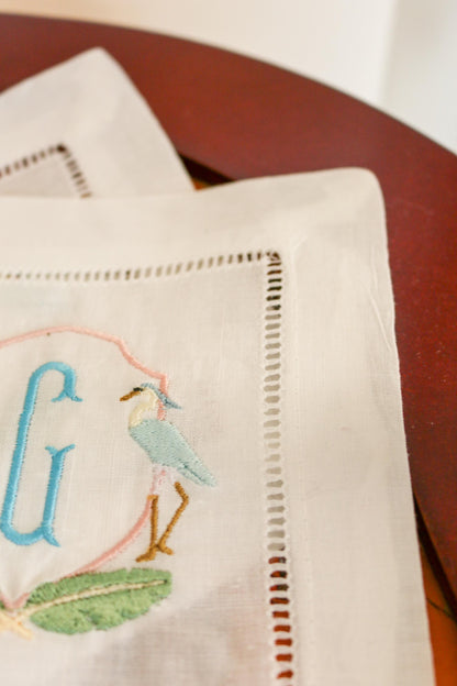 Heron Embroidered Hemstitch Cocktail Napkins | Hostess Gifts | Gifts for Home | Grandmillenial Gifts