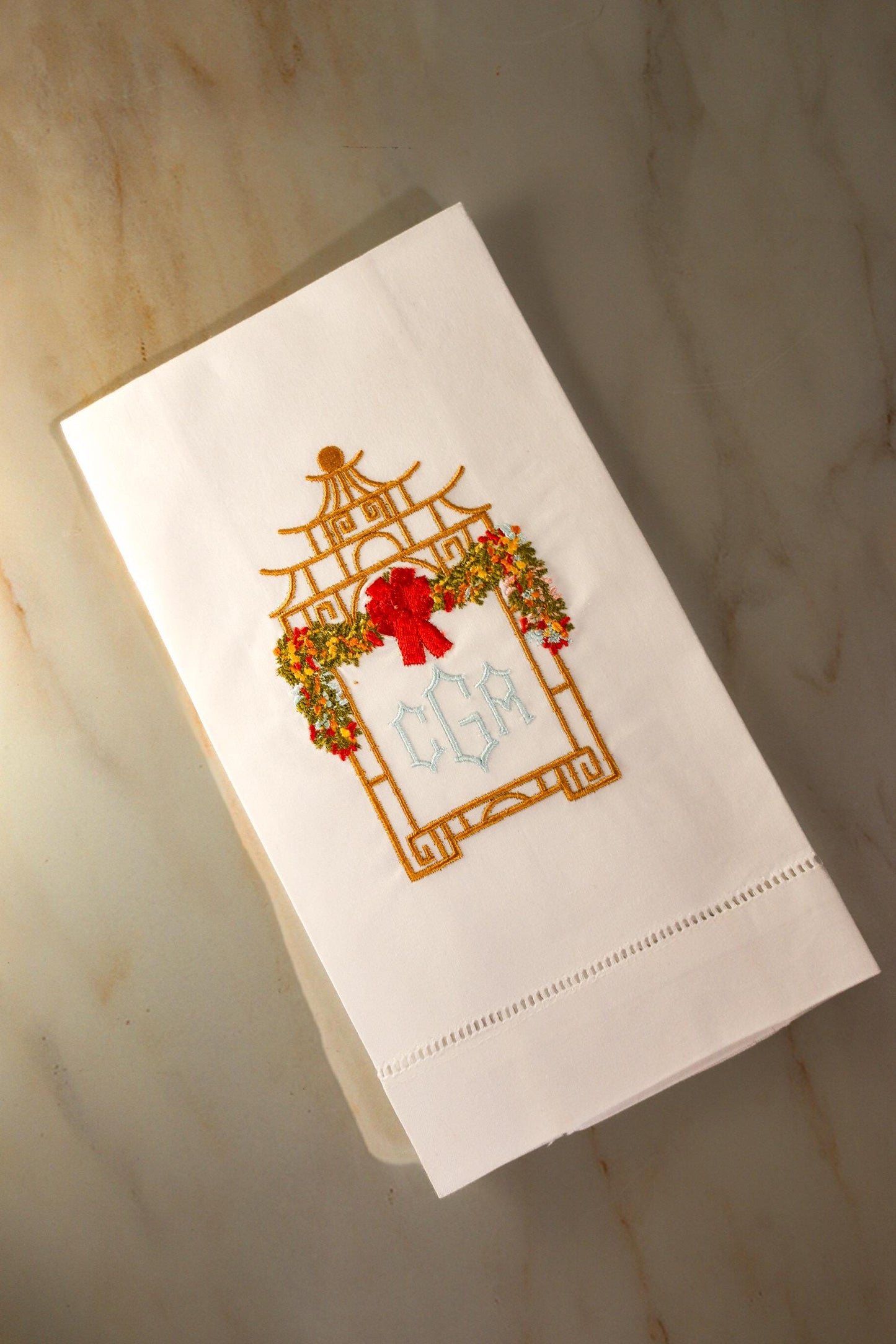 Holiday Bow Pagoda Embroidered Linen Hand Towel | Housewarming Gifts | Christmas Chinoiserie