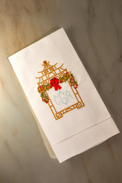 Holiday Bow Pagoda Embroidered Linen Hand Towel | Housewarming Gifts | Christmas Chinoiserie