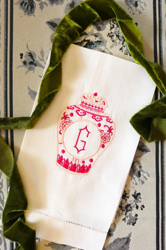 Embroidered Linen Hand Towel: Chinoiserie Ginger Jar | Hostess Gifts | Gifts for Her