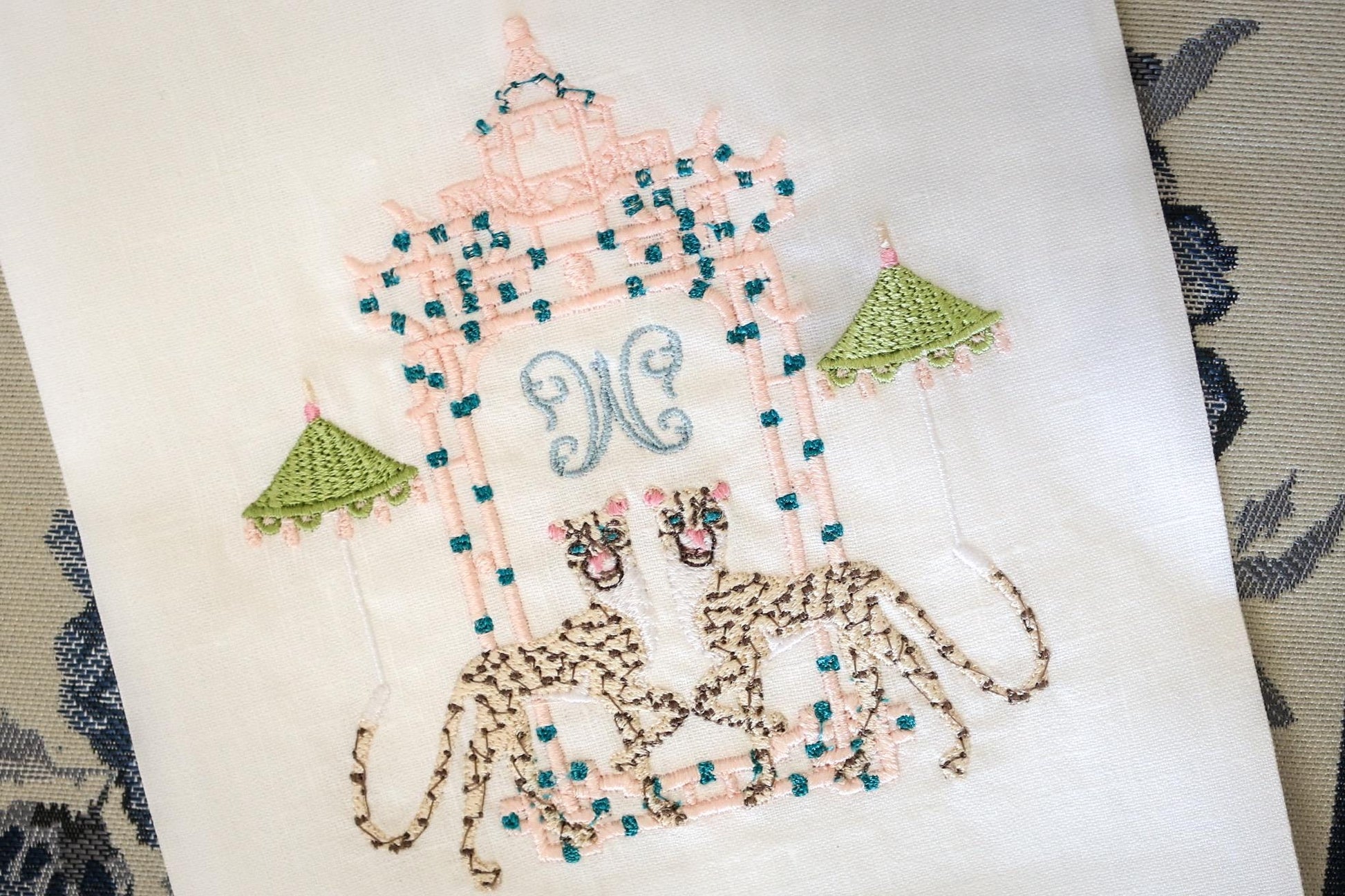 Cheetah Pagoda Embroidered Linen Hand Towel | Custom Embroidery | Gifts for Her | Gifts for Home | Grandmillenial Gifts | Hostess Gifts
