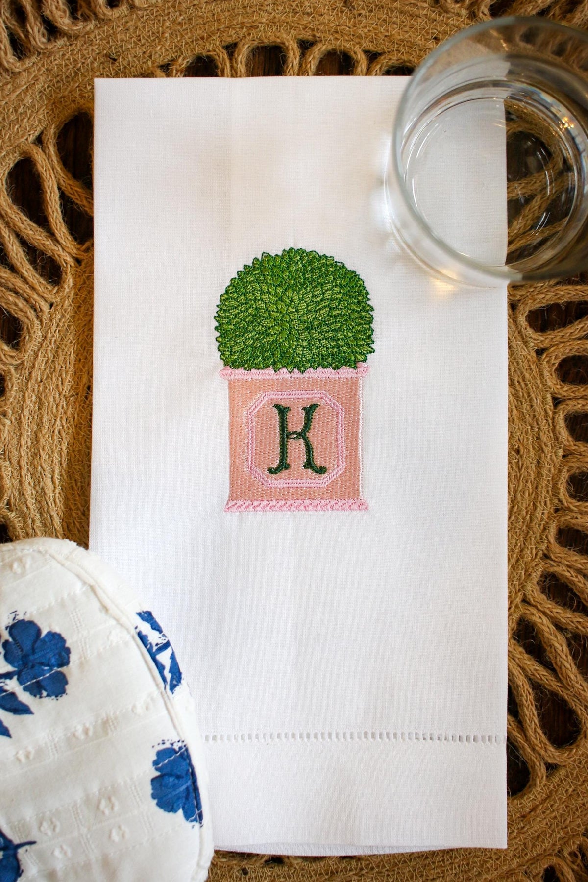 Initial Boxwood Planter Linen Hand Towel | Hostess Gifts | Home Gifts | Wedding Gifts | Housewarming Gifts | Grandmillenial Gifts