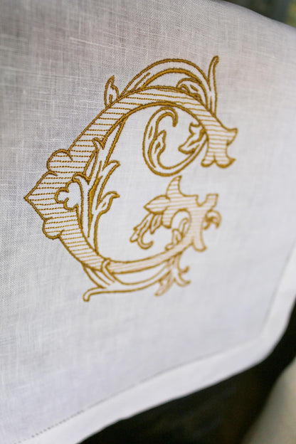 Embroidered Linen Table Runner | Single Initial Vintage Vine | Custom Table Linens | Home Gifts | Wedding Gifts