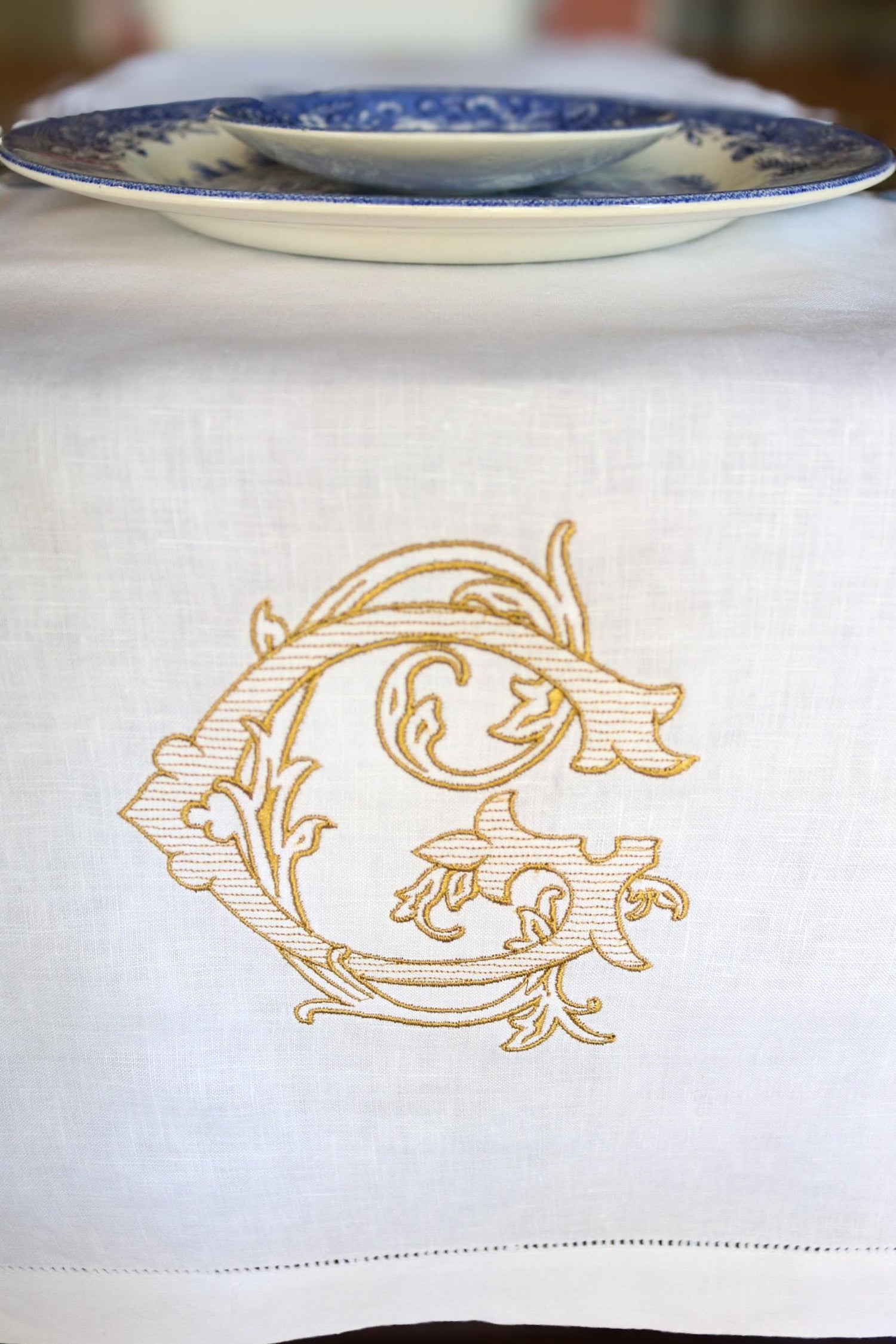Embroidered Linen Table Runner | Single Initial Vintage Vine | Custom Table Linens | Home Gifts | Wedding Gifts