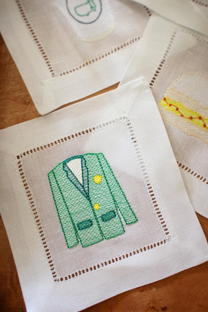 Embroidered Linen Cocktail Napkins: Master's Golf Theme, Set of 4