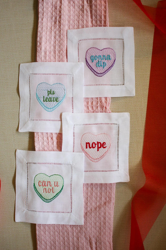 Embroidered Valentine's Cocktail Napkins: Linen Hemstitch Set