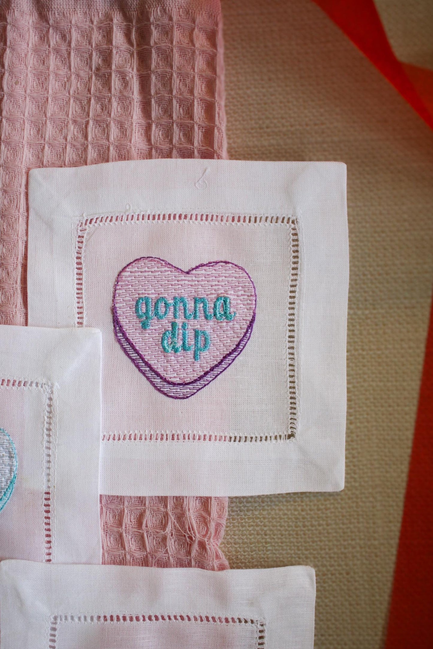 Embroidered Valentine's Cocktail Napkins: Linen Hemstitch Set