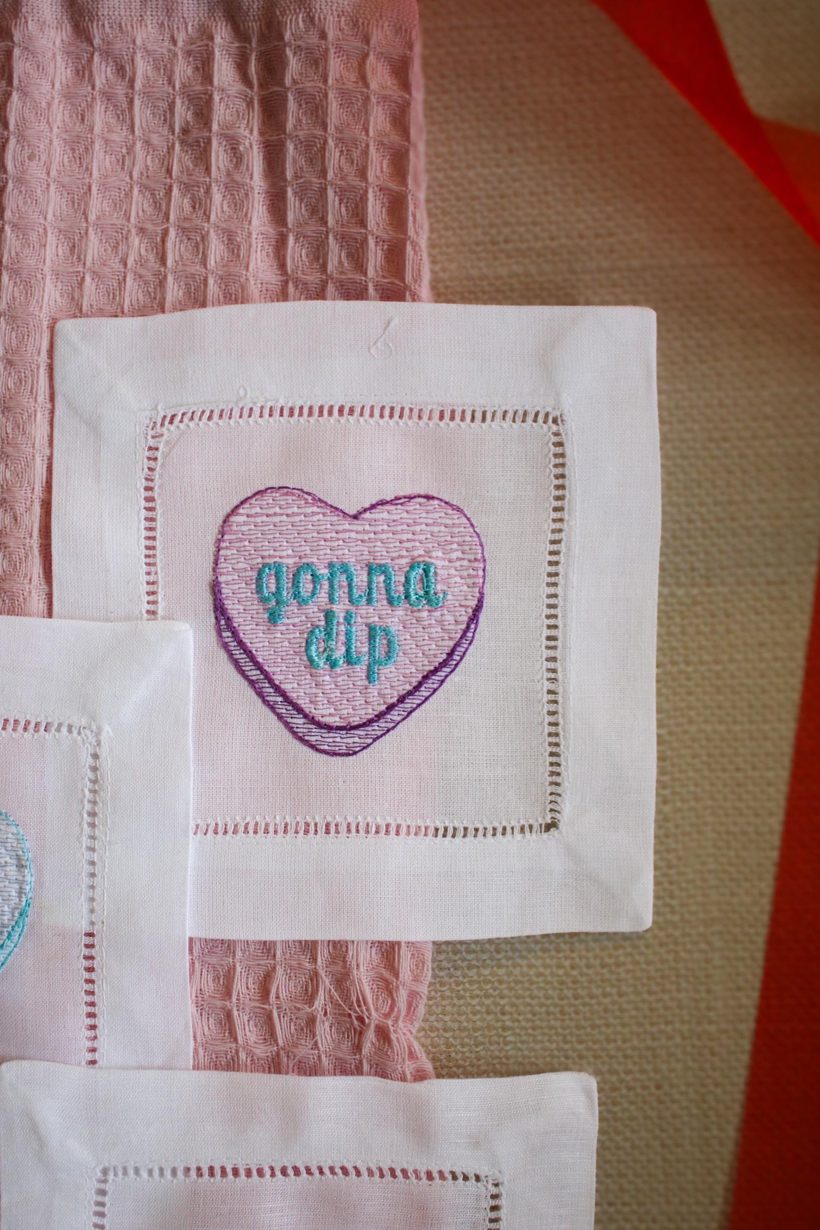 Embroidered Valentine's Cocktail Napkins: Linen Hemstitch Set
