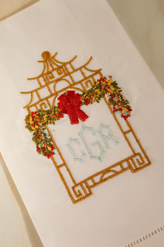 Holiday Bow Pagoda Embroidered Linen Hand Towel | Housewarming Gifts | Christmas Chinoiserie