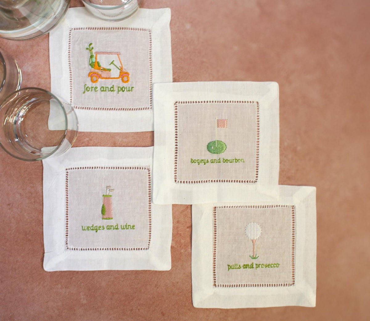 Golf Embroidered Hemstitch Cocktail Napkins | Golf Gifts | Christmas Gifts | Hostess Gifts | Wedding Gifts