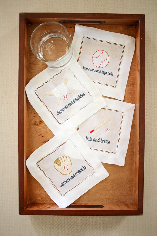 Baseball Embroidered Hemstitch Cocktail Napkins | Gifts for Her | Grandmillenial Gifts | Gifts for Home | European Linen