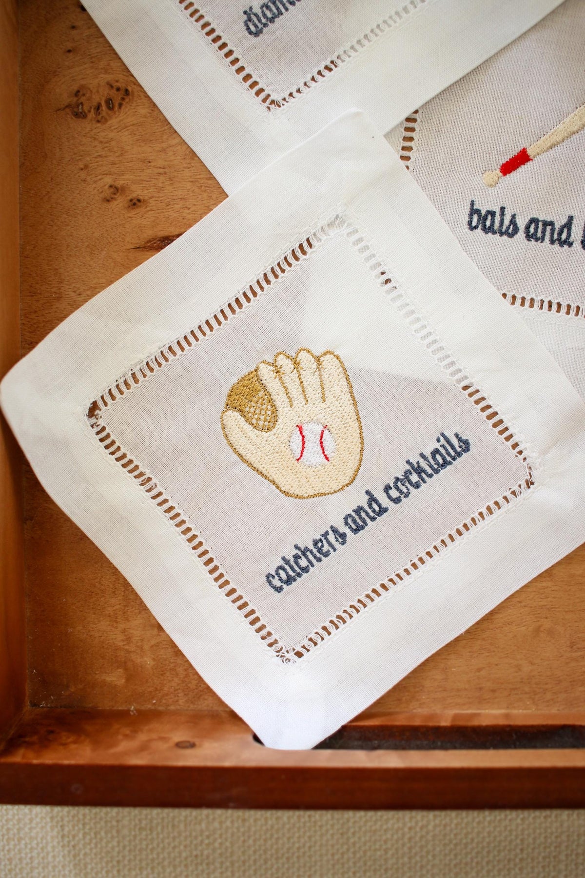 Baseball Embroidered Hemstitch Cocktail Napkins | Gifts for Her | Grandmillenial Gifts | Gifts for Home | European Linen