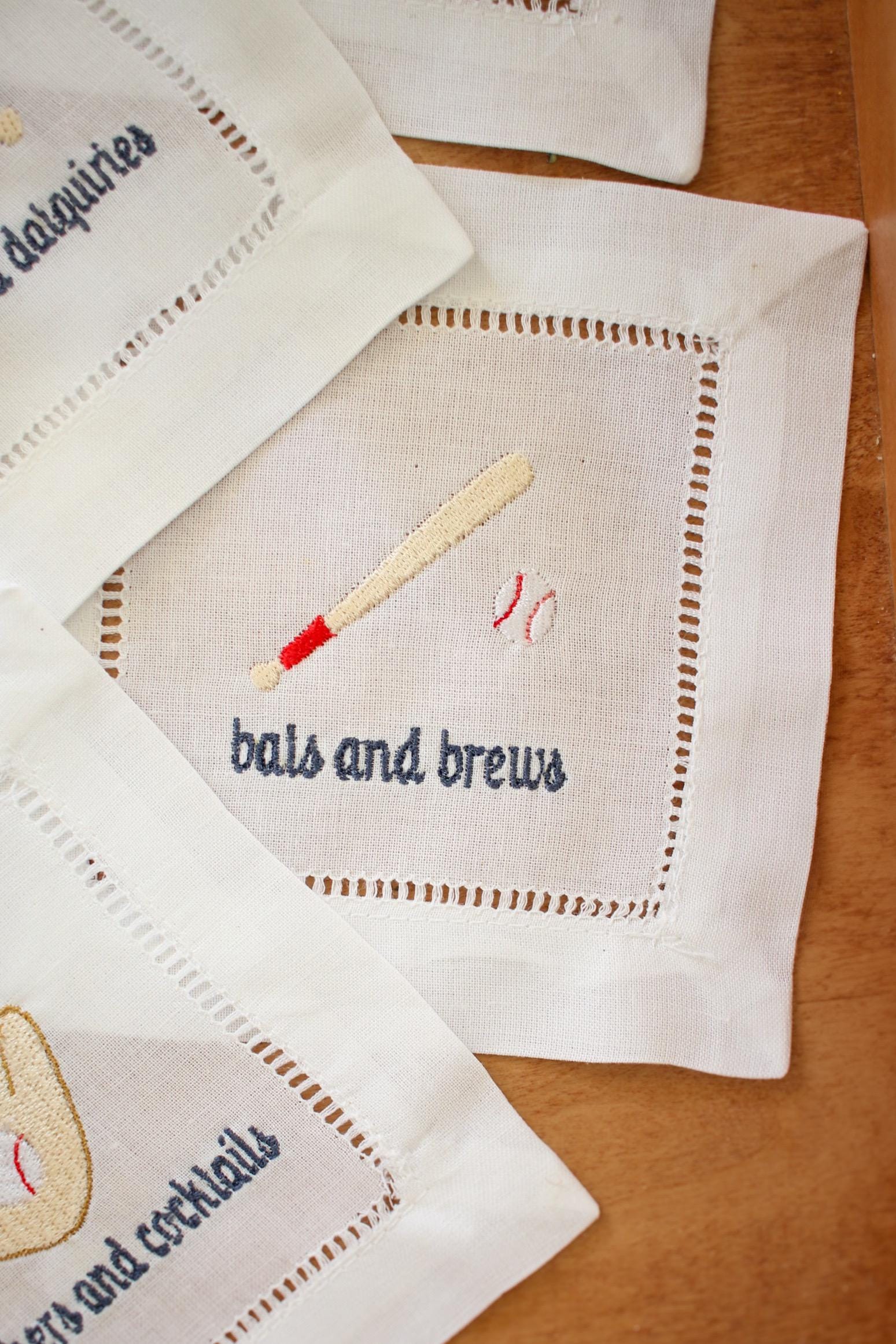 Baseball Embroidered Hemstitch Cocktail Napkins | Gifts for Her | Grandmillenial Gifts | Gifts for Home | European Linen