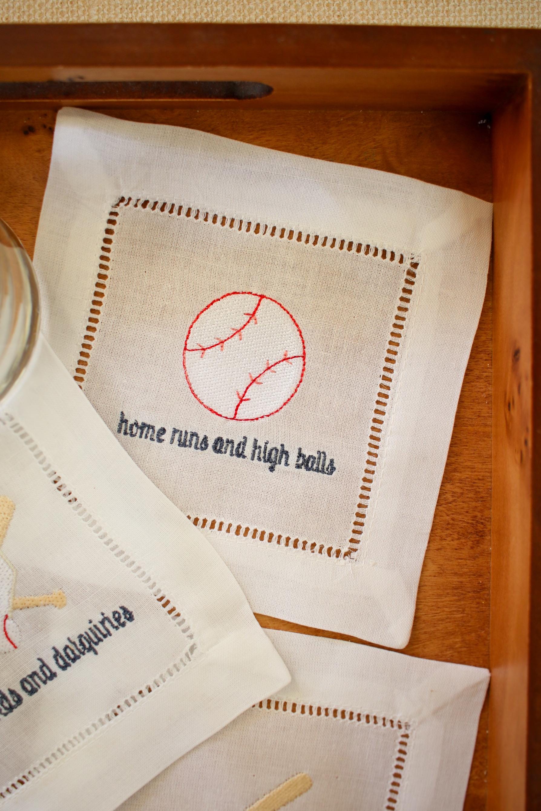 Baseball Embroidered Hemstitch Cocktail Napkins | Gifts for Her | Grandmillenial Gifts | Gifts for Home | European Linen
