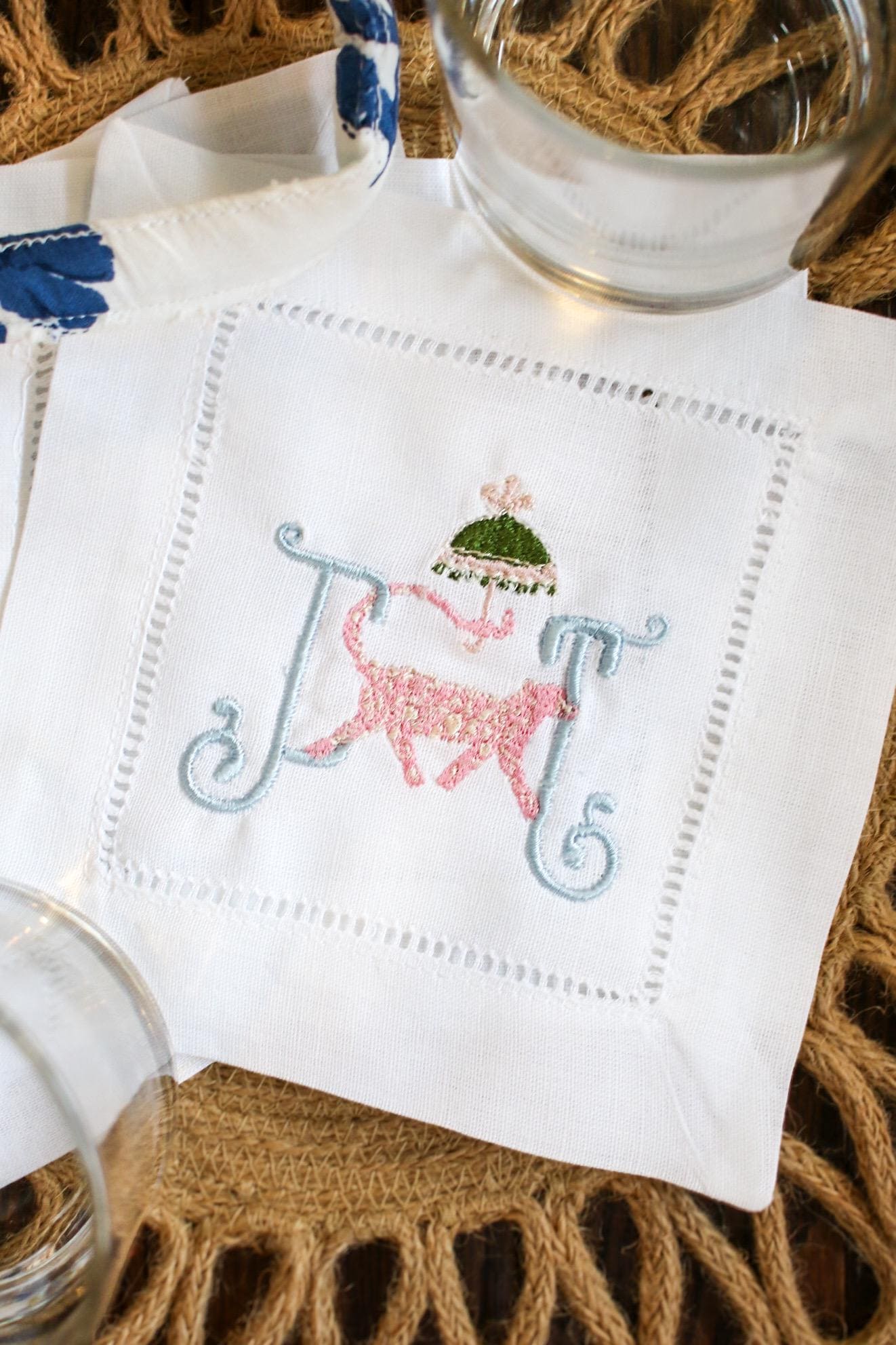 Cheetah Embroidered Hemstitched Cocktail Napkins - Set of 4 | Bar Cart Decor | Housewarming Gifts