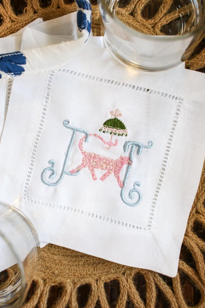 Cheetah Embroidered Hemstitched Cocktail Napkins - Set of 4 | Bar Cart Decor | Housewarming Gifts