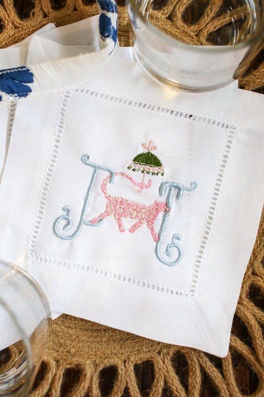 Cheetah Embroidered Hemstitched Cocktail Napkins - Set of 4 | Bar Cart Decor | Housewarming Gifts