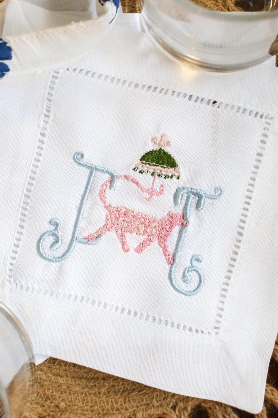 Cheetah Embroidered Hemstitched Cocktail Napkins - Set of 4 | Bar Cart Decor | Housewarming Gifts