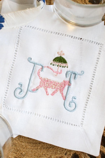 Cheetah Embroidered Hemstitched Cocktail Napkins - Set of 4 | Bar Cart Decor | Housewarming Gifts