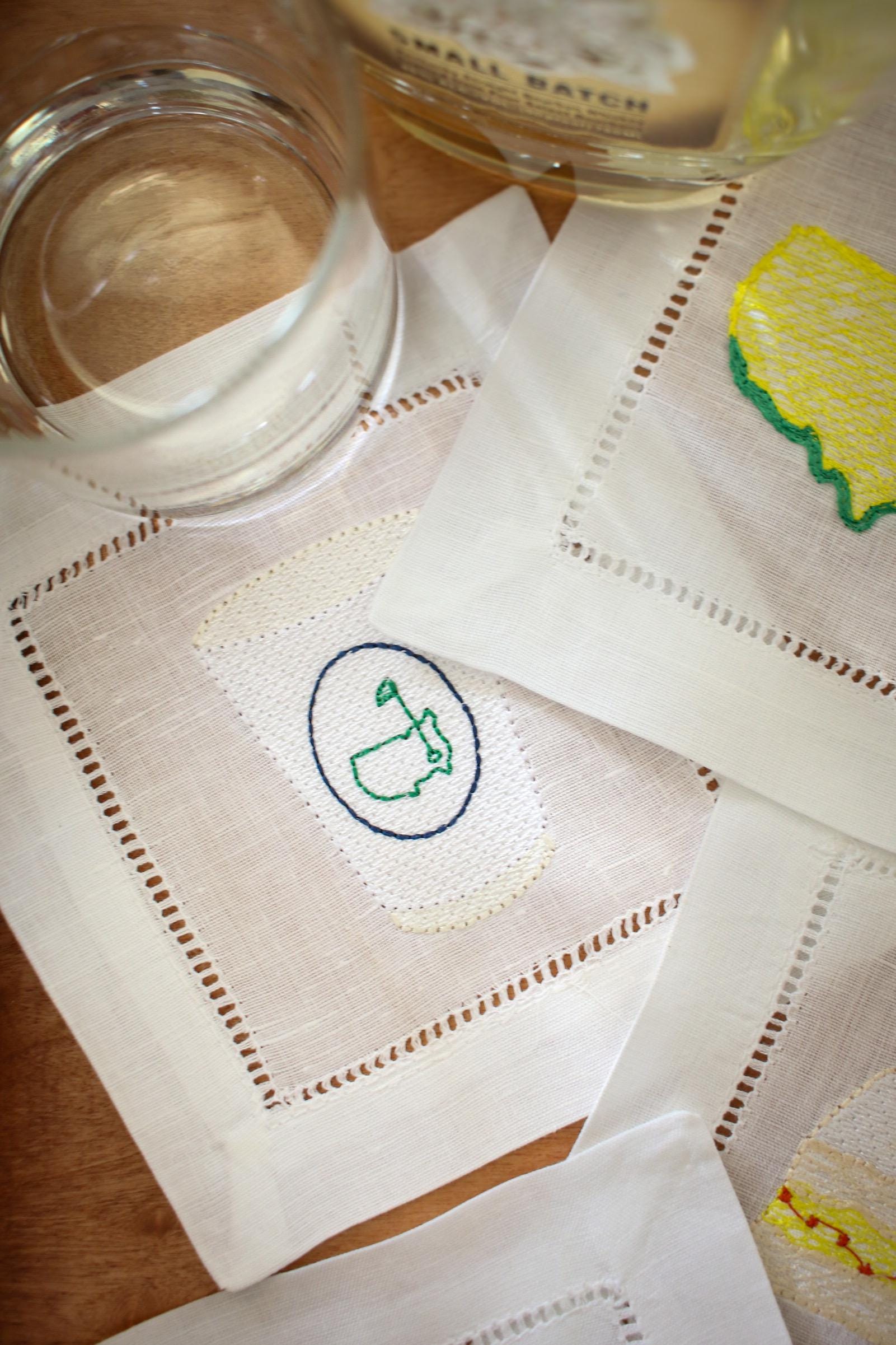Embroidered Linen Cocktail Napkins: Master's Golf Theme, Set of 4