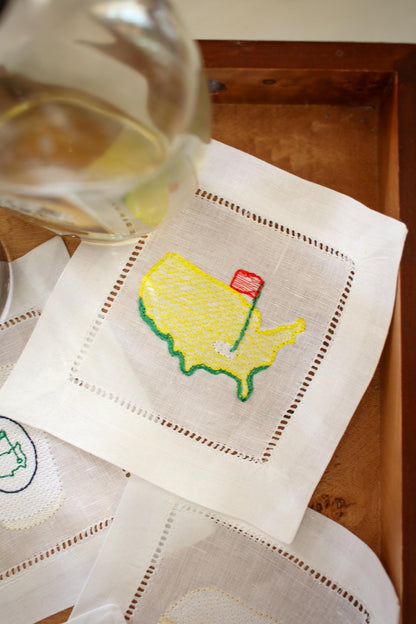 Embroidered Linen Cocktail Napkins: Master's Golf Theme, Set of 4