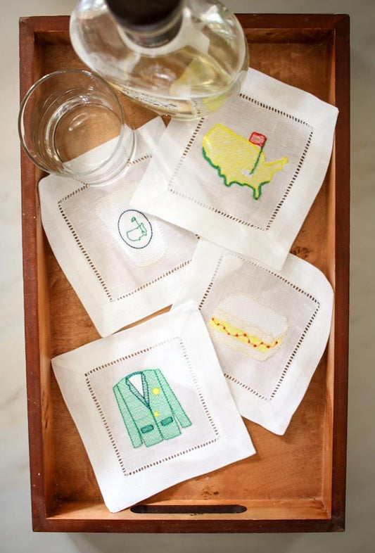 Embroidered Linen Cocktail Napkins: Master's Golf Theme, Set of 4