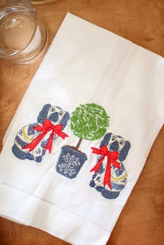 Staffordshire Dog Embroidered Hand Towel | Grandmillenial Gifts | Home Gifts | Hostess Gifts | Wedding Gifts | Linen Hand Towel