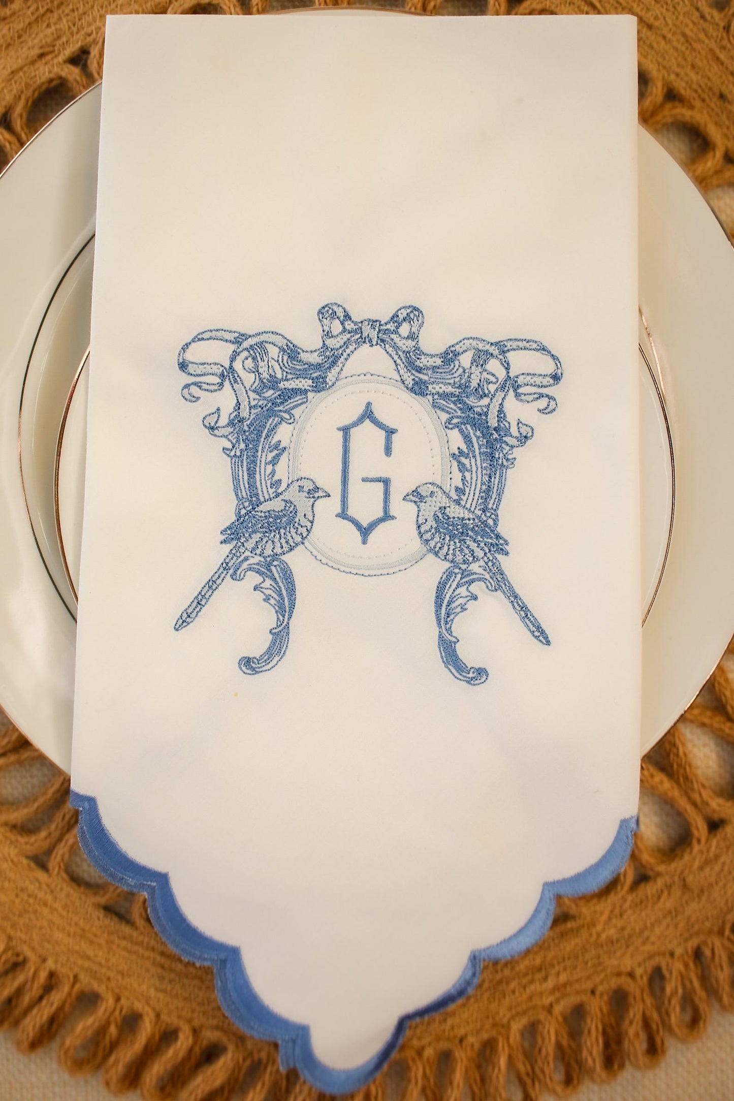Scalloped Edge Embroidered Dinner Napkin | Home Gifts | Custom Embroidery | Hostess Gifts | Grandmillenial Home