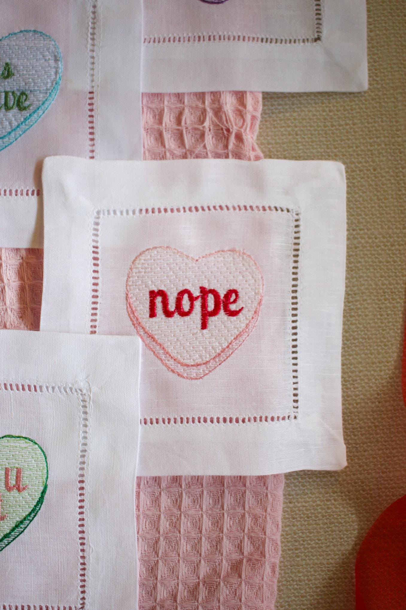 Embroidered Valentine's Cocktail Napkins: Linen Hemstitch Set