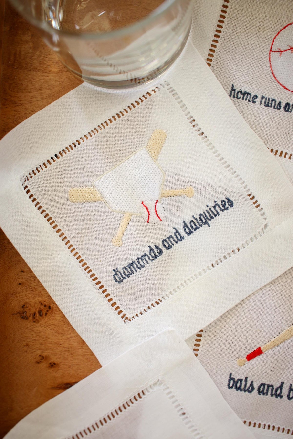 Baseball Embroidered Hemstitch Cocktail Napkins | Gifts for Her | Grandmillenial Gifts | Gifts for Home | European Linen