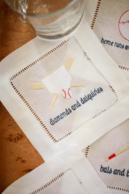 Baseball Embroidered Hemstitch Cocktail Napkins | Gifts for Her | Grandmillenial Gifts | Gifts for Home | European Linen