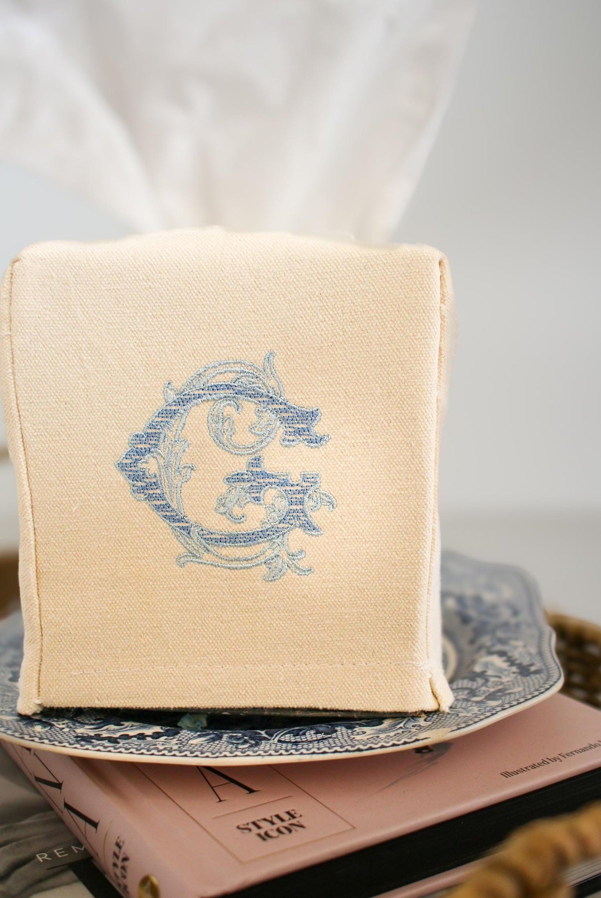 Embroidered Tissue Box Cover Single Initial | Home Gifts | Hostess Gifts | Grandmillenial Gifts | Housewarming Gifts | Personalized Gifts