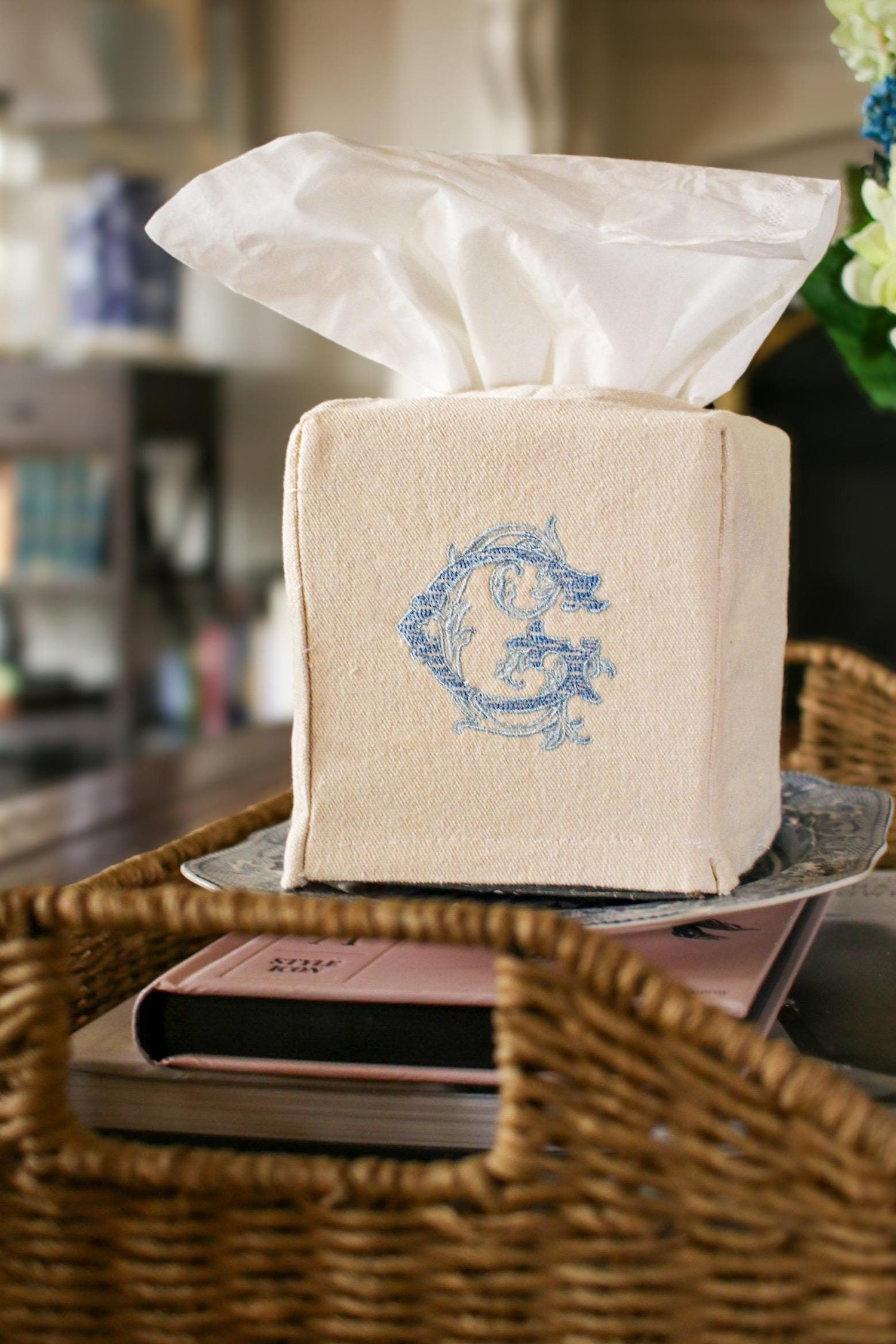 Embroidered Tissue Box Cover Single Initial | Home Gifts | Hostess Gifts | Grandmillenial Gifts | Housewarming Gifts | Personalized Gifts